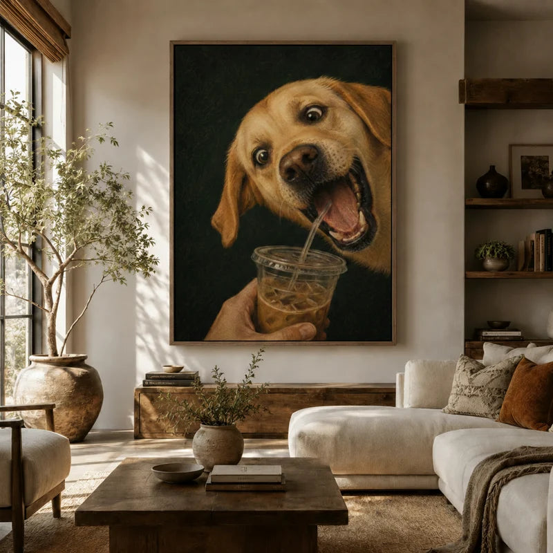 Large funny dog iced coffee canvas art above a white sofa in a bright boho living room