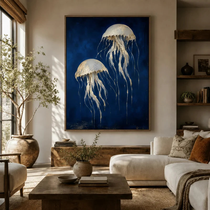 Large golden jellyfish canvas wall art displayed above sofa in a boho organic living room
