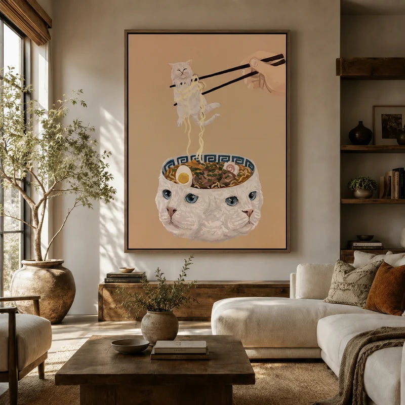 Large whimsical cat ramen canvas displayed above a neutral sofa in a modern warm-toned living room