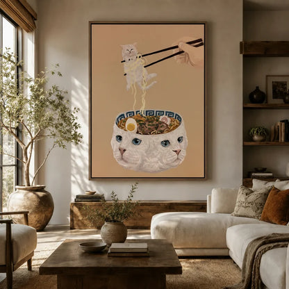 Large whimsical cat ramen canvas displayed above a neutral sofa in a modern warm-toned living room