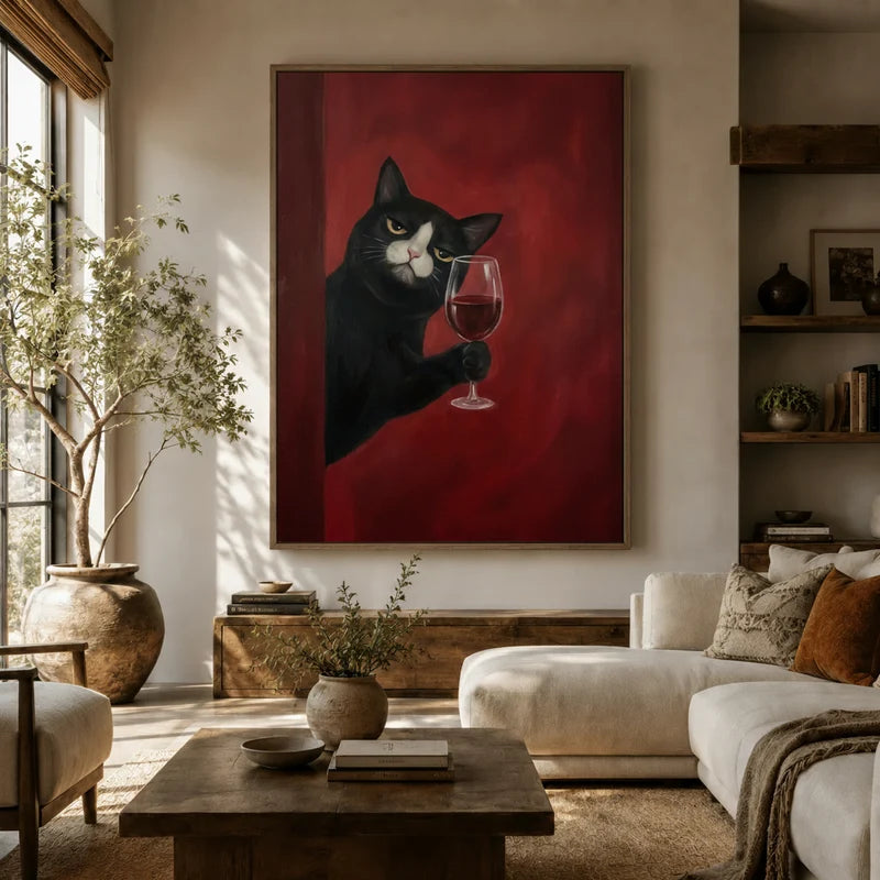 Dark tuxedo cat holding wine glass wall art above sofa in a cozy boho living room with wood coffee table and shelving