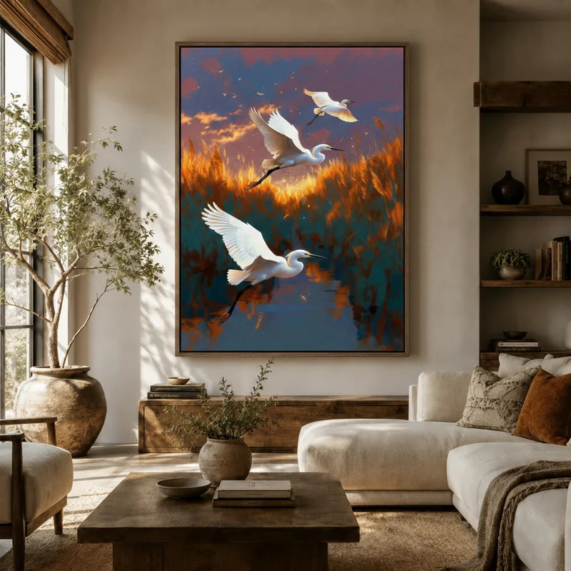 Three egrets soaring over amber wetland canvas hanging above a cream sofa in a sunlit living room