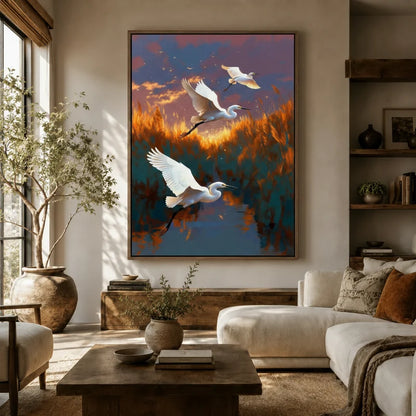 Three egrets soaring over amber wetland canvas hanging above a cream sofa in a sunlit living room