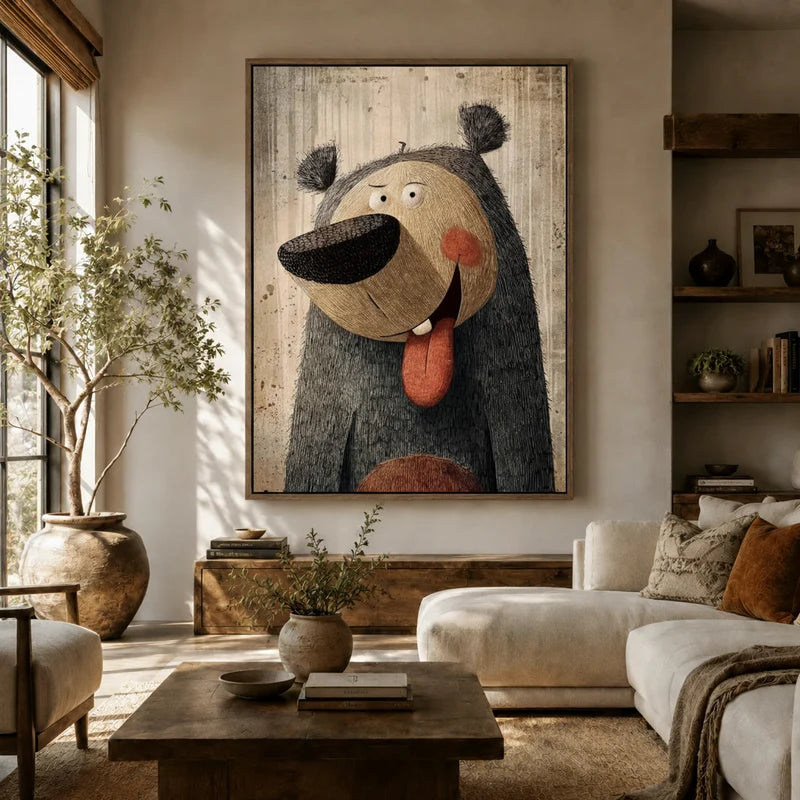 Large framed funny bear canvas above a neutral sofa in a bright boho farmhouse living room