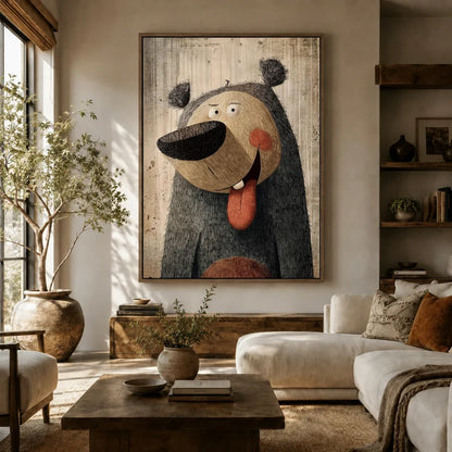 Large framed funny bear canvas above a neutral sofa in a bright boho farmhouse living room