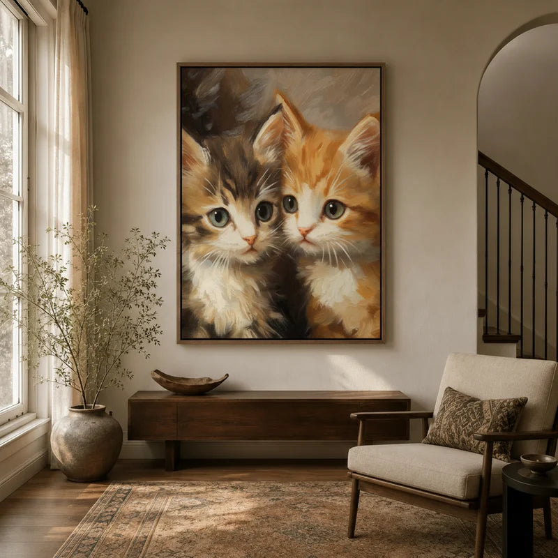 Framed vintage kitten portrait canvas wall art displayed in a warm neutral entryway