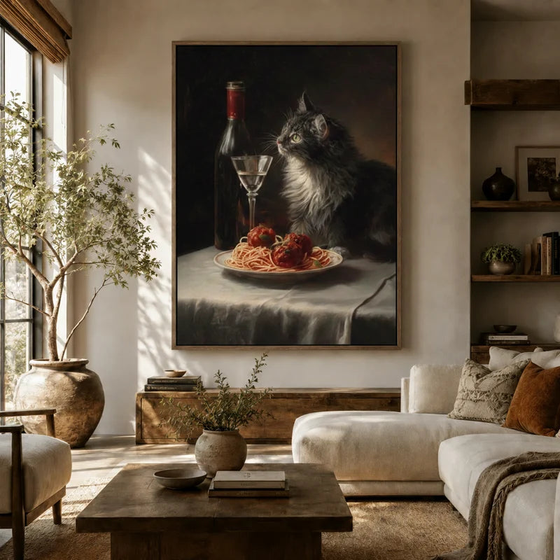 Moody cat spaghetti dinner painting in large framed canvas above white sofa in bright boho living room