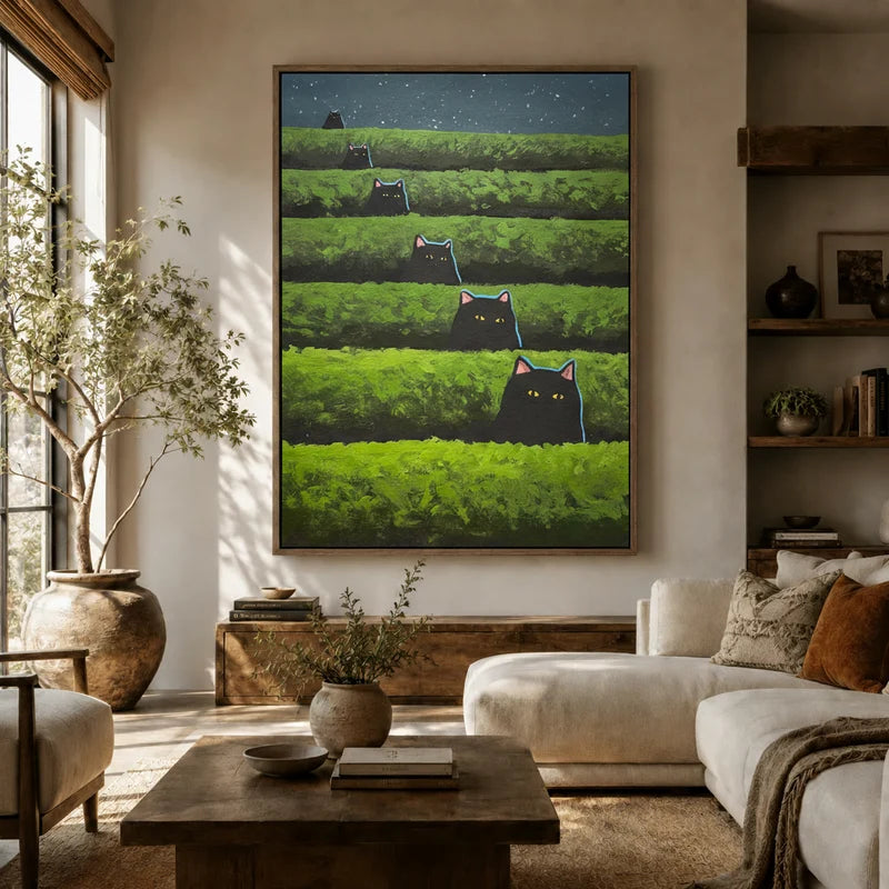 Five black cats peeking from green tea field terraces in a bright boho living room setting