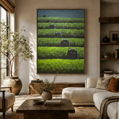 Five black cats peeking from green tea field terraces in a bright boho living room setting