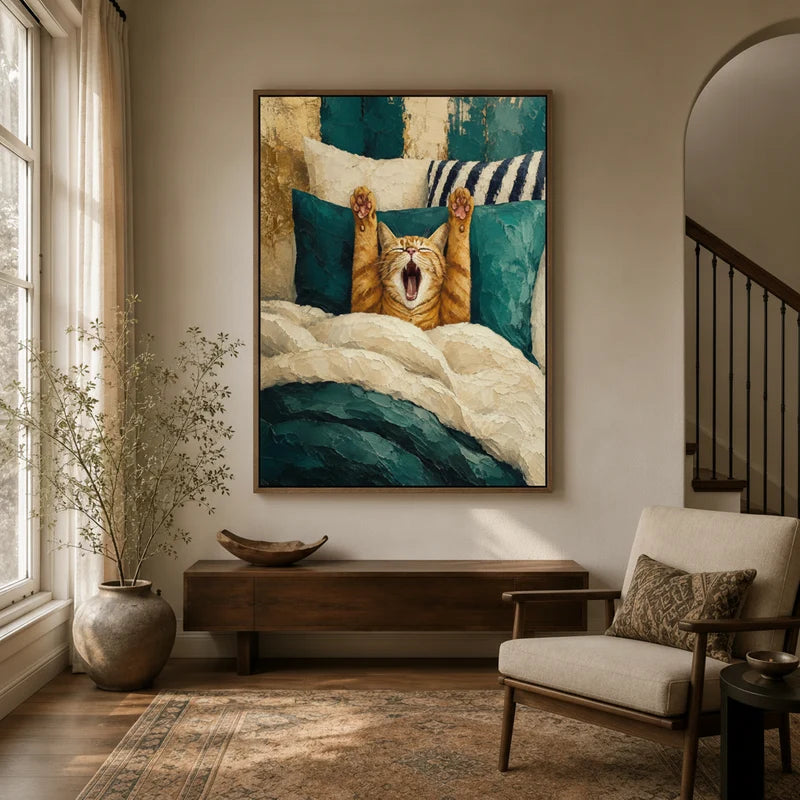 Framed funny cat yawning impasto canvas wall art displayed in a bright modern entryway