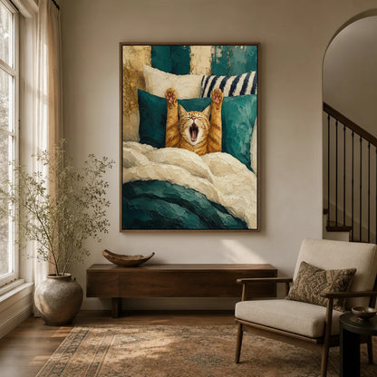 Framed funny cat yawning impasto canvas wall art displayed in a bright modern entryway