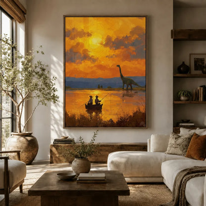 Framed dinosaur sunset wall art displayed above sofa in a bright boho-style living room