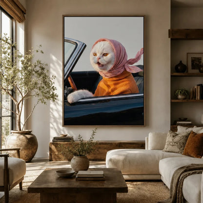 Retro white cat convertible portrait framed canvas hanging above a sofa in a bright boho living room