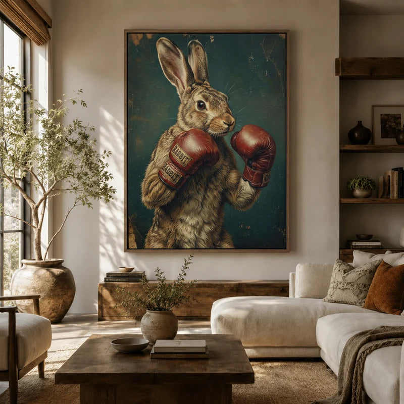 Vintage rabbit boxing portrait hanging in a cozy living room with natural light and linen armchair