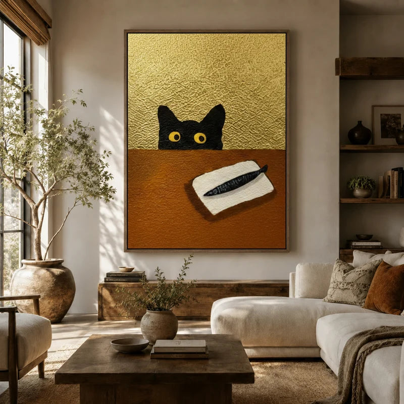 Peeking black cat gold canvas wall art hung above a sofa in a cozy boho living room with earthy tones