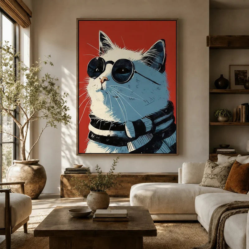 Large vivid red cool cat sunglasses canvas above sofa in earthy boho living room with wooden shelves