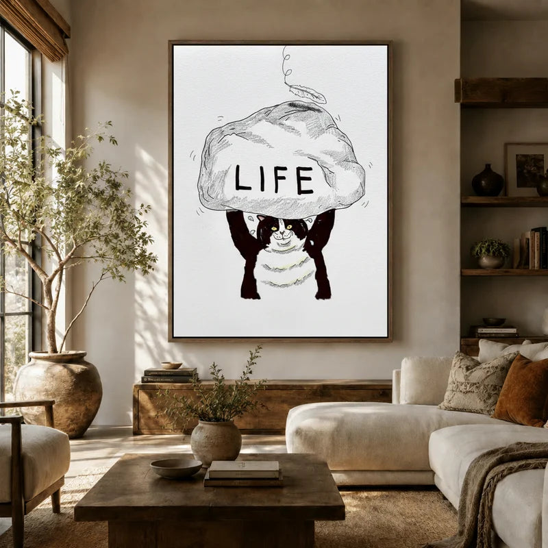 Whimsical black and white cat carries life boulder wall art in neutral boho living room