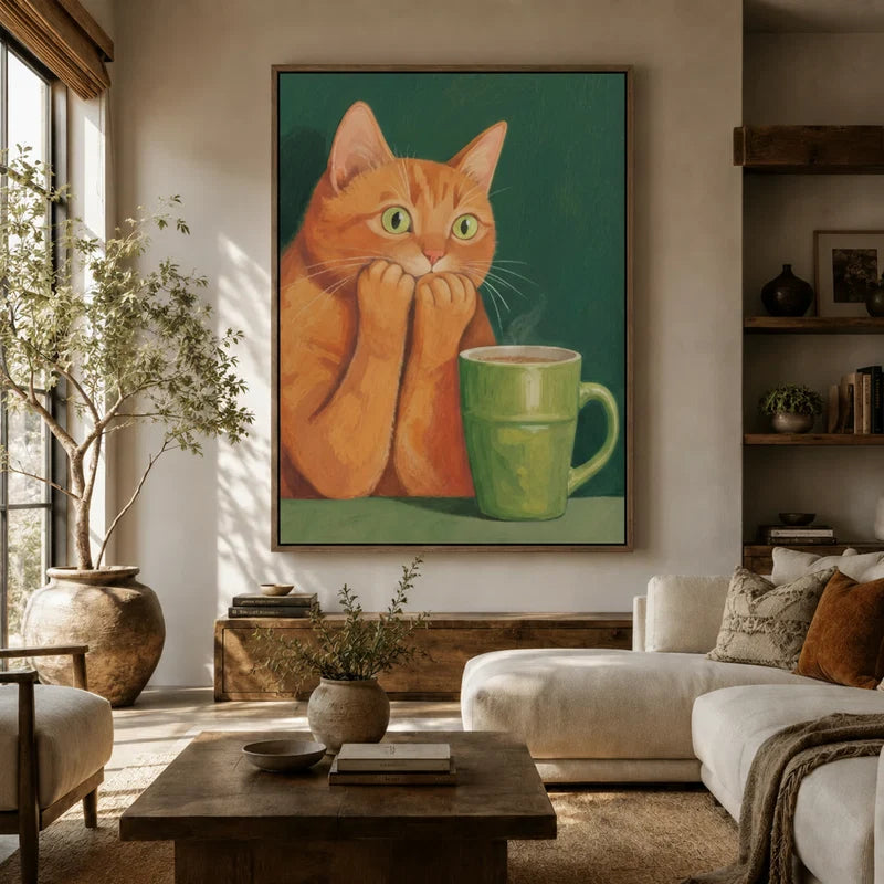 Large retro cat coffee mug canvas hanging above sofa in a sunlit boho living room