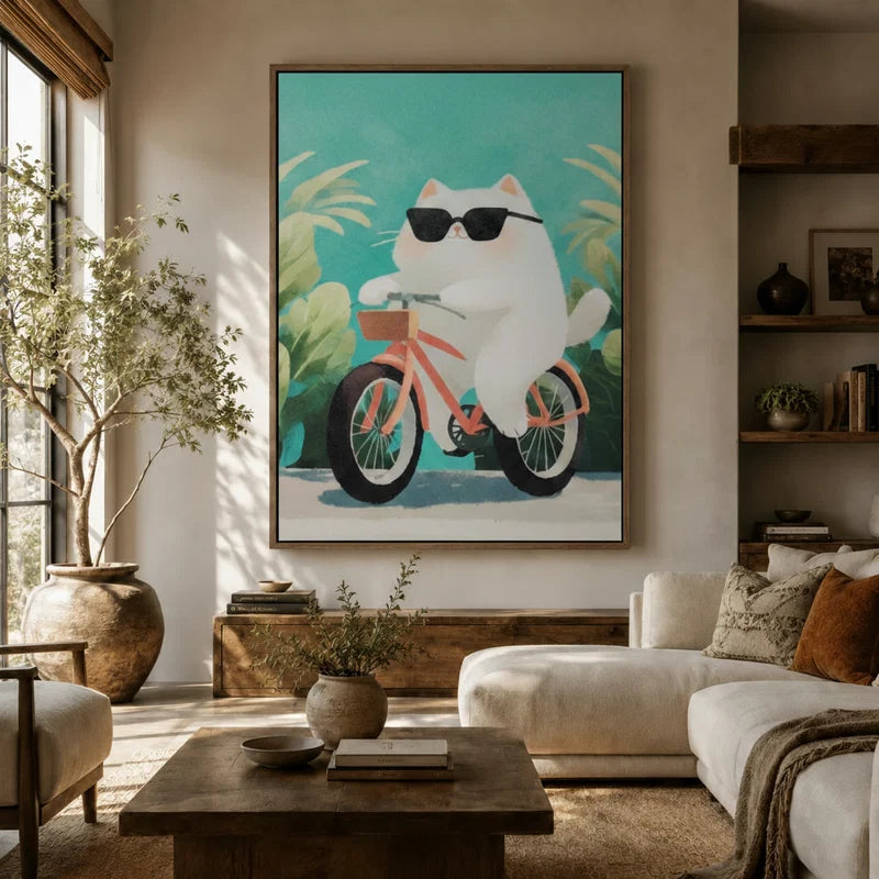 Whimsical cat bicycle wall art in a floater frame, hung above a sofa in a warm boho living room