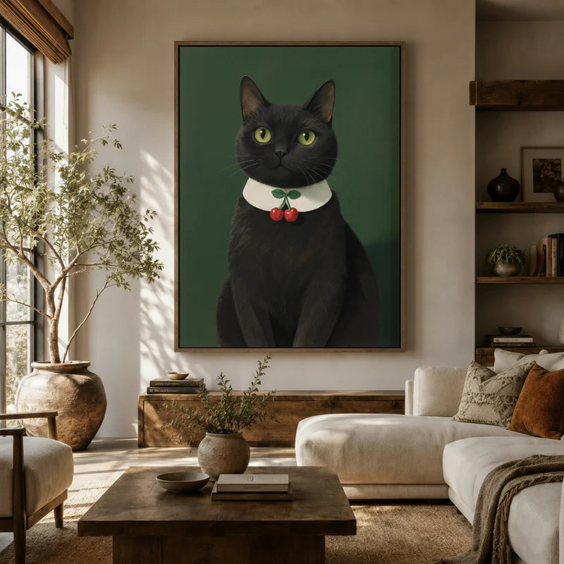 Elegant black cat with cherry brooch wall art above sofa in a cozy boho living room with wood shelving and warm tones