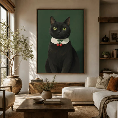 Elegant black cat with cherry brooch wall art above sofa in a cozy boho living room with wood shelving and warm tones