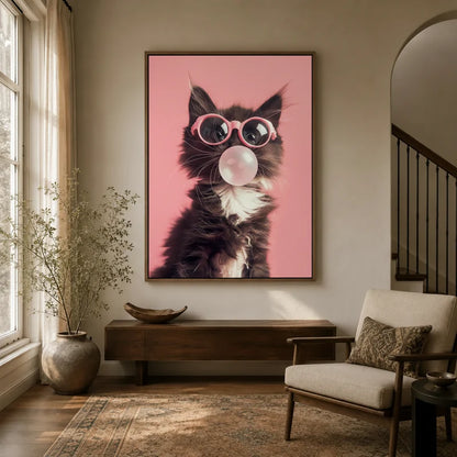 Framed pop art black kitten in pink sunglasses blowing bubble gum canvas wall art in warm neutral entryway