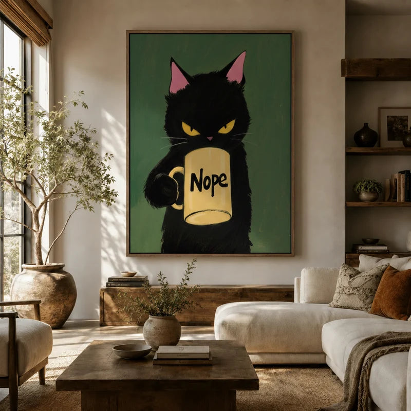 Bold black cat cartoon wall art hanging above white sofa in a sunlit boho living room