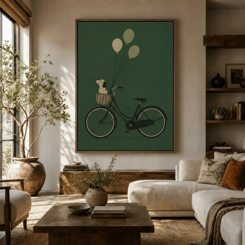 Large whimsical dog balloon bicycle canvas hung above a sofa in a warm, earthy living room