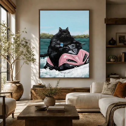 Chonky black cat jet ski framed canvas hanging as large statement art above a sofa in a boho living room
