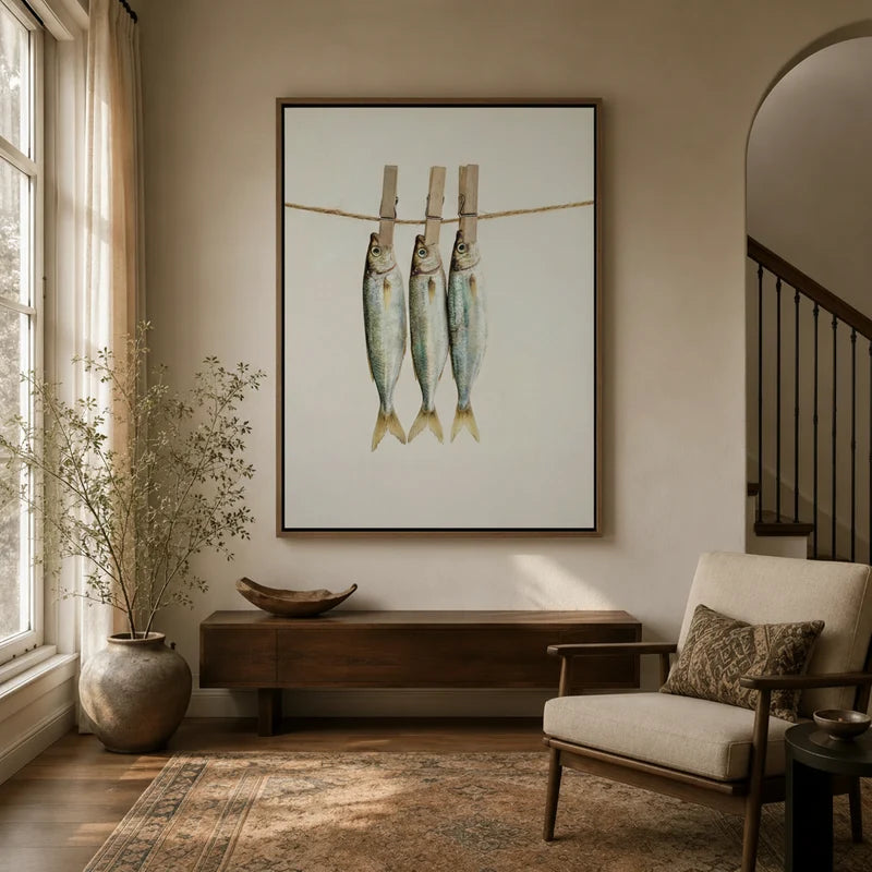 Framed minimalist fish on clothesline canvas wall art displayed in warm neutral entryway with arched doorway