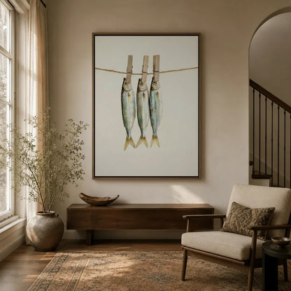 Framed minimalist fish on clothesline canvas wall art displayed in warm neutral entryway with arched doorway