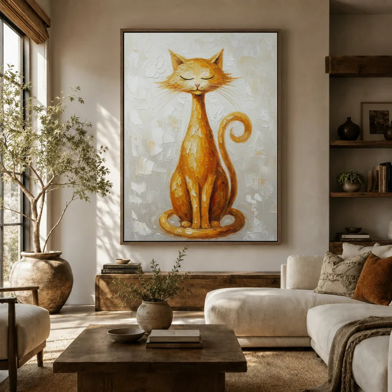 Large textured golden cat canvas hanging above sofa in a sunlit boho living room