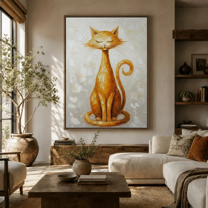 Large textured golden cat canvas hanging above sofa in a sunlit boho living room