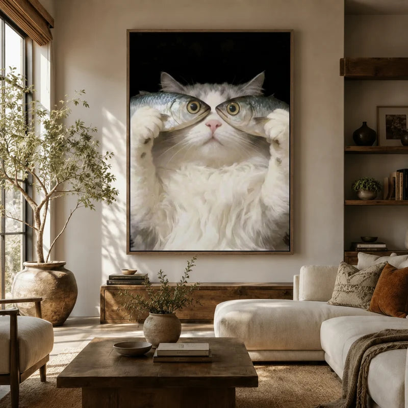 Large dramatic cat canvas above sofa in earthy boho living room, fluffy white cat holding two fish on black