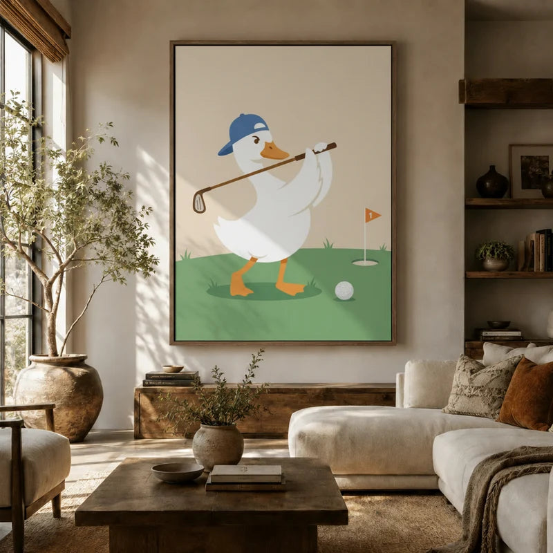 Large whimsical golf duck canvas above sofa in bright boho living room with warm earthy tones