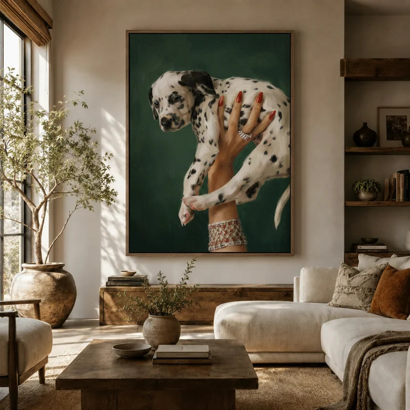 Fashion-style Dalmatian puppy framed canvas hanging above a sofa in a bright boho-organic living room
