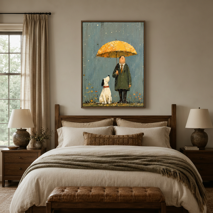 Man Dog Rainy Day Whimsical Canvas Wall Art C963
