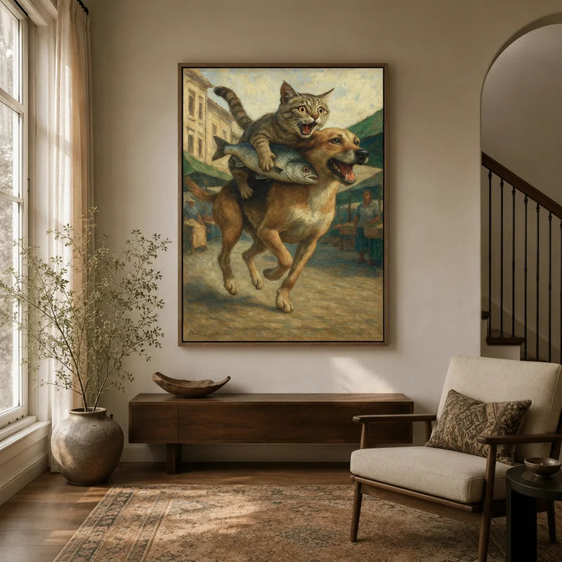 Large funny cat riding dog canvas wall art displayed in warm neutral entryway with arched doorway and staircase