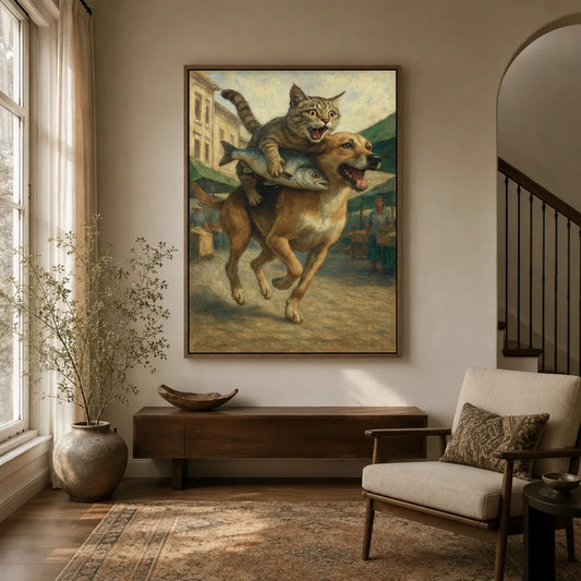 Large funny cat riding dog canvas wall art displayed in warm neutral entryway with arched doorway and staircase