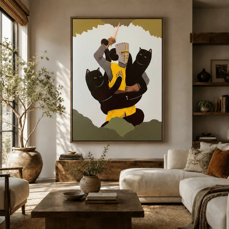 Epic fantasy cat canvas wall art hung above a sofa in a cozy boho living room with earthy tones and plants