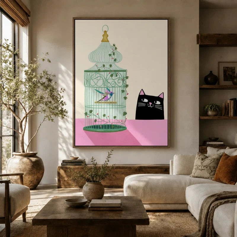 Large whimsical cat and hummingbird birdcage canvas above sofa in earthy boho living room