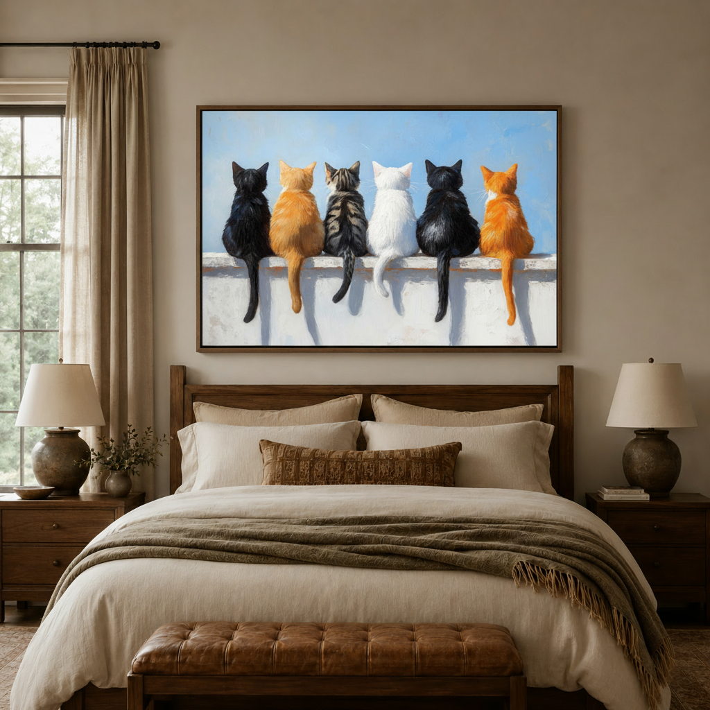 Six cats sitting in a row on white wall canvas art displayed above cozy bedroom headboard