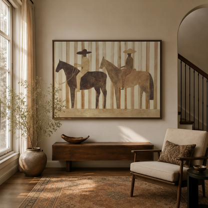 Minimalist western riders framed canvas art displayed above wooden console in warm entryway