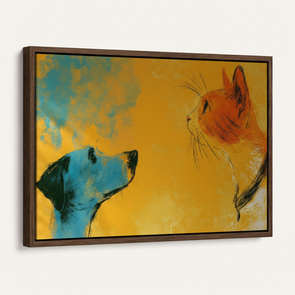 Modern animal illustration framed canvas print in dark walnut float frame, angled studio view