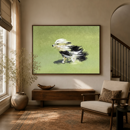 Windswept fluffy dog impressionist canvas in dark walnut float frame above console in warm entryway