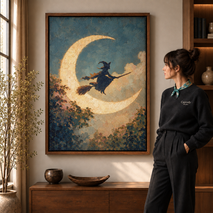 Crescent moon witch artwork framed above a console beside a standing model and indoor tree