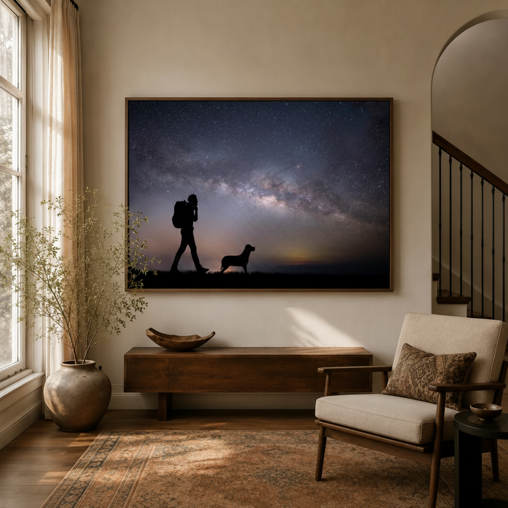 Milky Way night sky canvas wall art displayed in a warm entryway with wooden console, dried branches, and mid-century accent chair