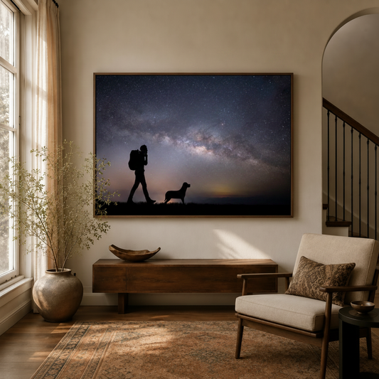 Milky Way night sky canvas wall art displayed in a warm entryway with wooden console, dried branches, and mid-century accent chair