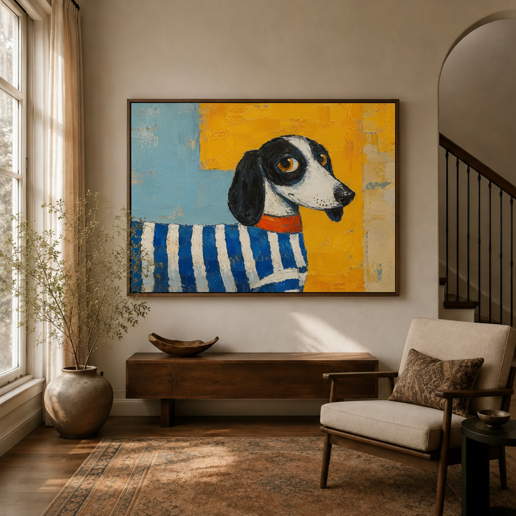 Pop art dachshund portrait canvas framed above a wooden console in a living room