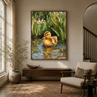 Duckling pond impressionist canvas wall art in dark walnut float frame above entryway console with dried branch arrangement